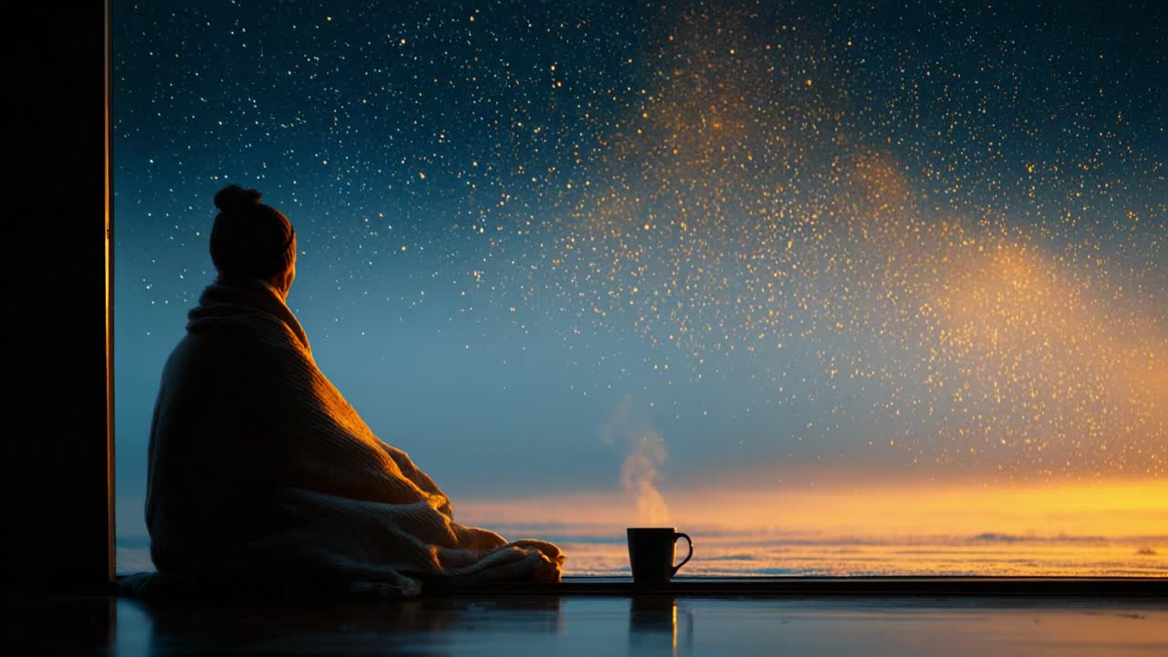 A Serene Moment of Reflection: Embracing the Tranquility of a Rainy Evening by the Window, Bathed in Golden Light and Starry Skies, Invoking Peace and Contemplation