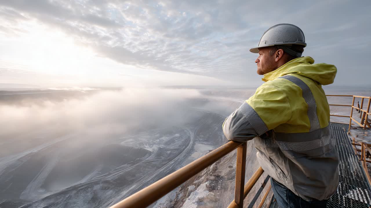 Operaio edile che osserva un sito minerario in una mattinata nebbiosa