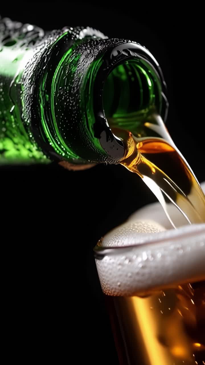 Primo piano di una bevanda frizzante versata da una bottiglia in un bicchiere, che cattura l'effervescenza e il flusso dinamico della bibita con dettagli vivaci