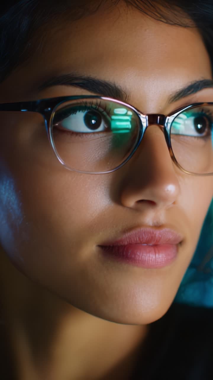 Intenso primo piano di una donna pensierosa con gli occhiali, che cattura l'emozione e la profondità negli occhi su uno sfondo leggermente illuminato