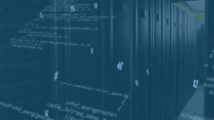 Animation of computer language and numbers over data server racks