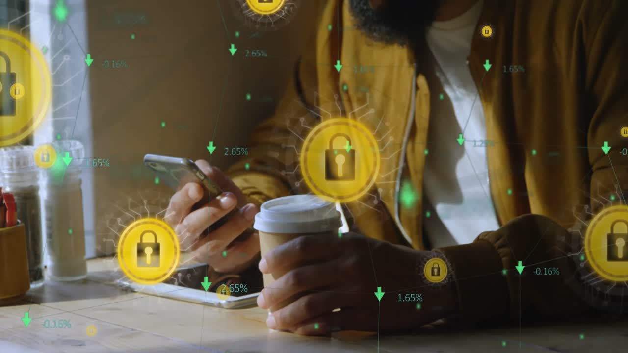 animación de una red de iconos digitales sobre el hombre utilizando un teléfono inteligente