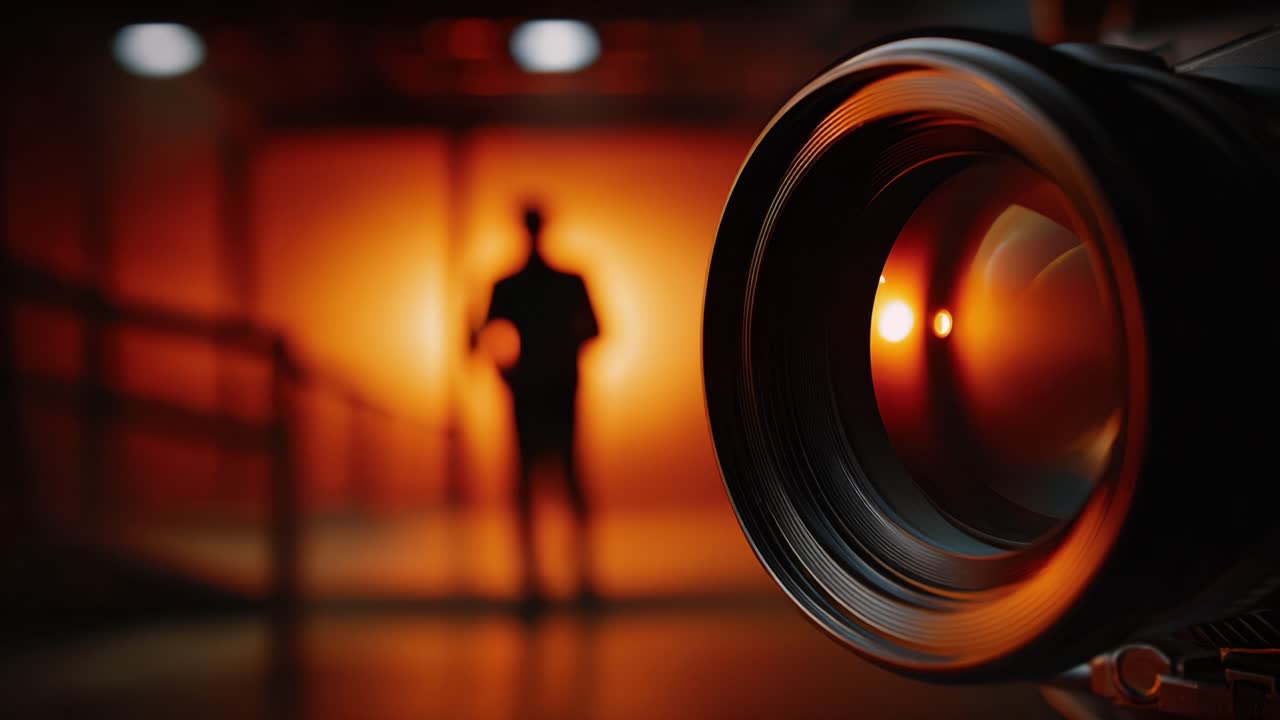 Catturare il momento: un obiettivo cinematografico si concentra su una silhouette in un ambiente artistico e drammatico con toni caldi e illuminazione soffusa