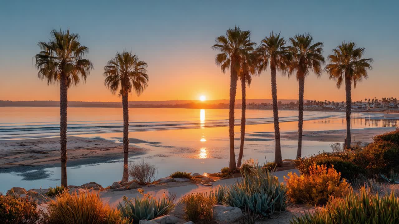 A Stunning Sunset Over Tranquil Waters Displaying Silhouetted Palm Trees and Reflective Surface, Capturing Nature's Serenity in Vibrant Hues of Orange and Pink
