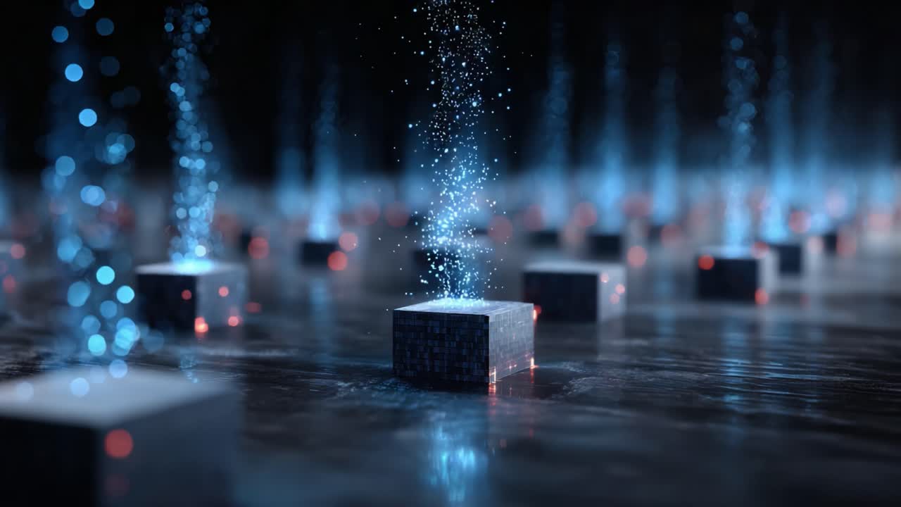 Dynamic Display of Illuminated Cubes Surrounded by Ascending Streams of Light in a Darkened Ambient Environment, Creating a Mesmerizing Visual Symphony