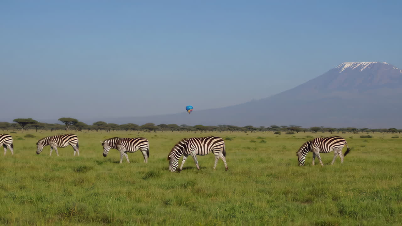 Zebras Grazing in African Savanna with Mount Kilimanjaro and Hot Air Balloon