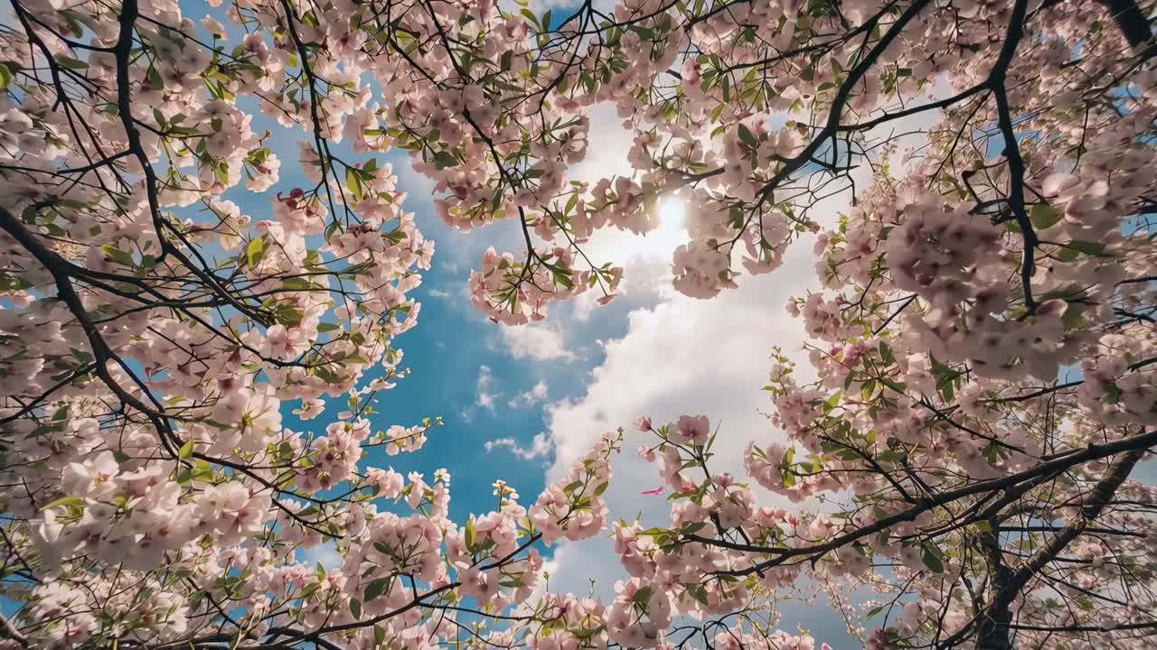 Swaying branches in park responding to light breeze, opening to blue sky with pale pink blossoms