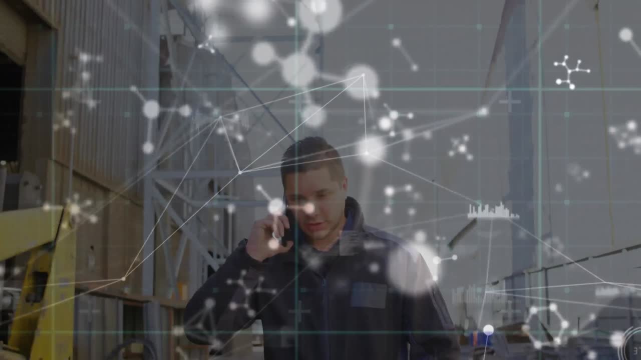 Animation of data processing over caucasian male worker in warehouse