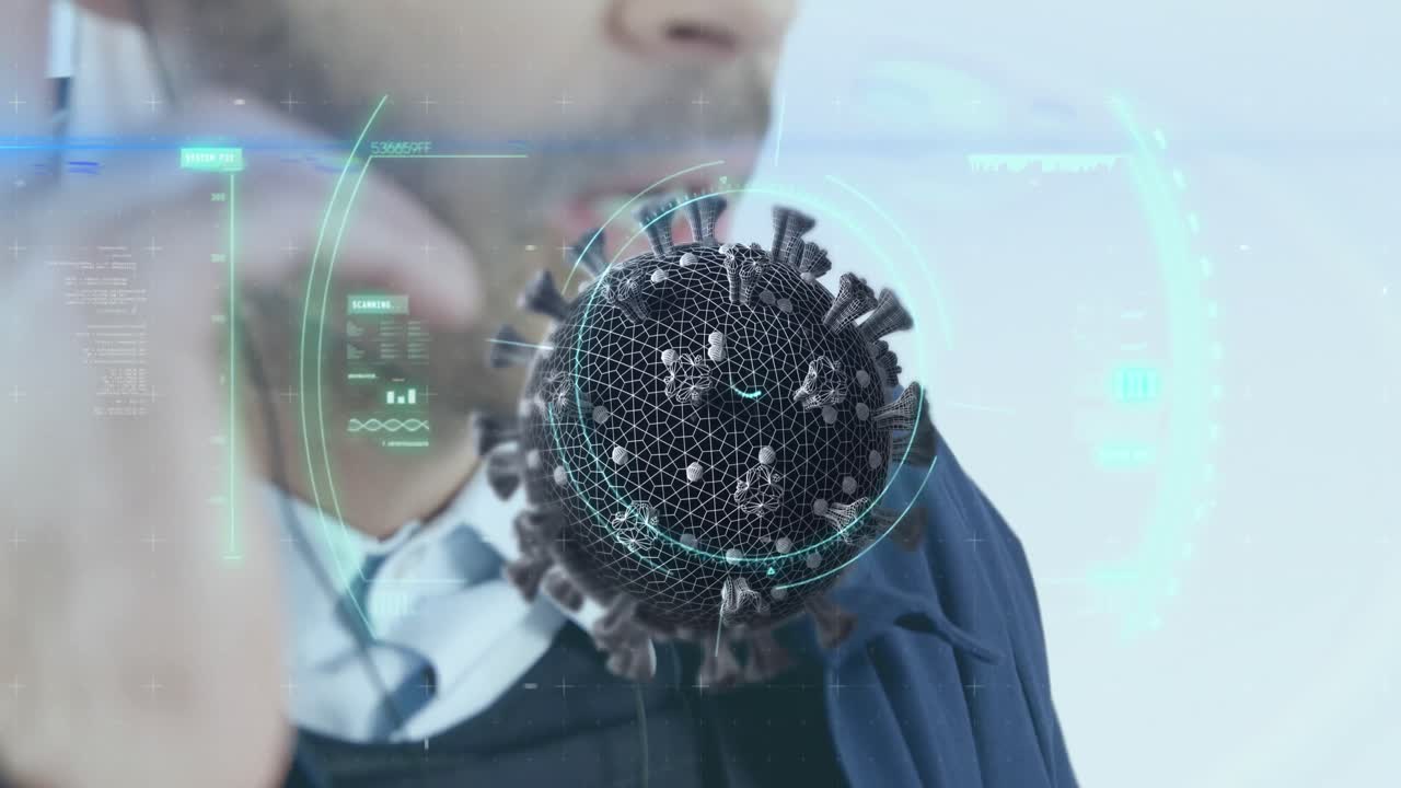 video compuesto digital del escáner de células de covid-19 contra un hombre hablando en auriculares de teléfono