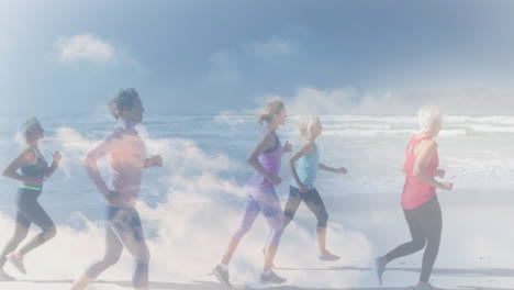 Animation of glowing light over happy senior women running by seaside