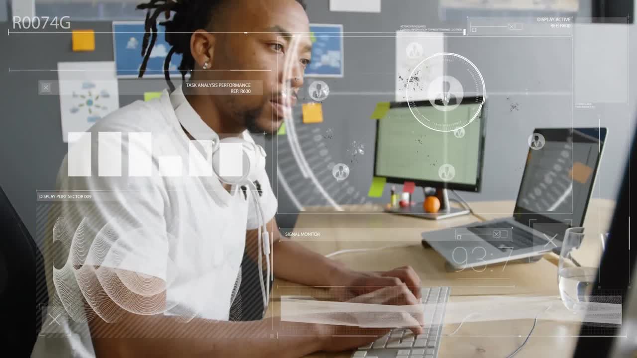 Animation of digital data processing over businessman in office