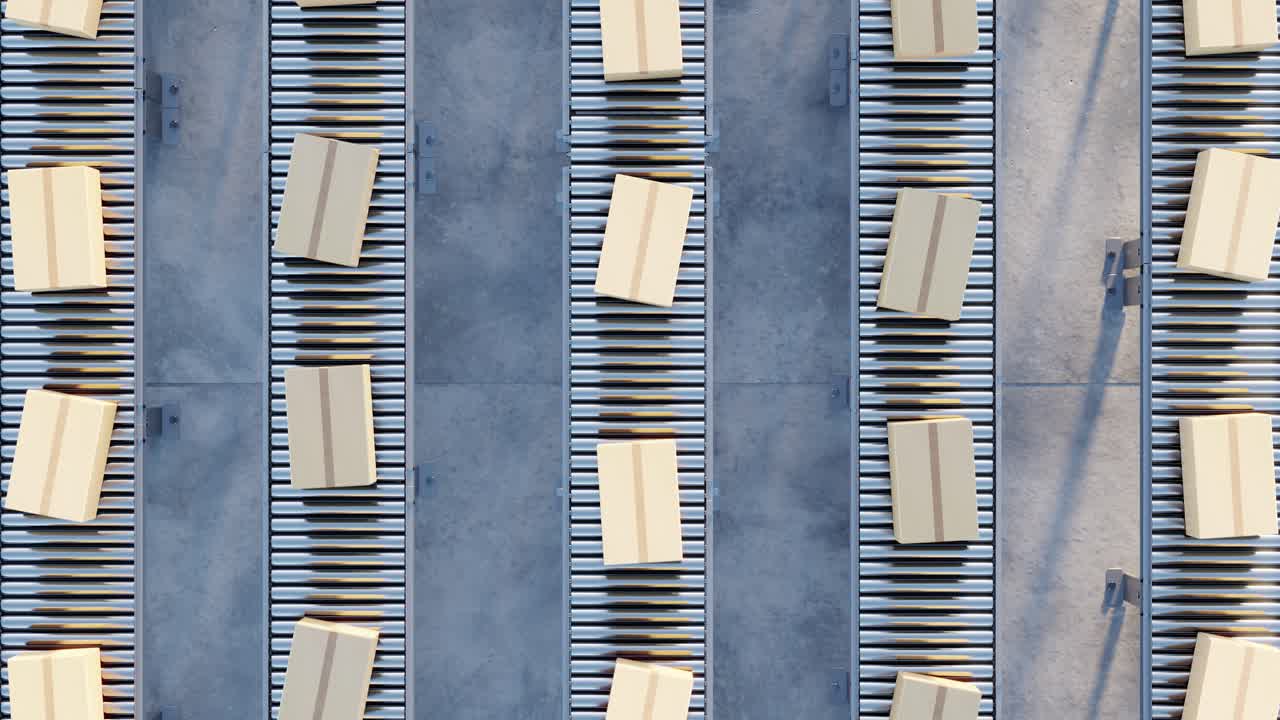 Cardboard boxes on conveyor rollers. infinite 3d loop