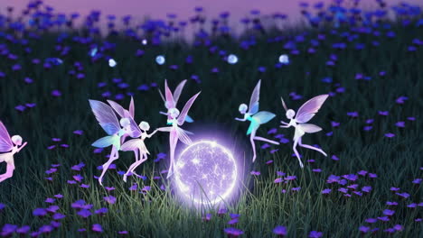 fairies dancing around a glowing orb in a field of flowers