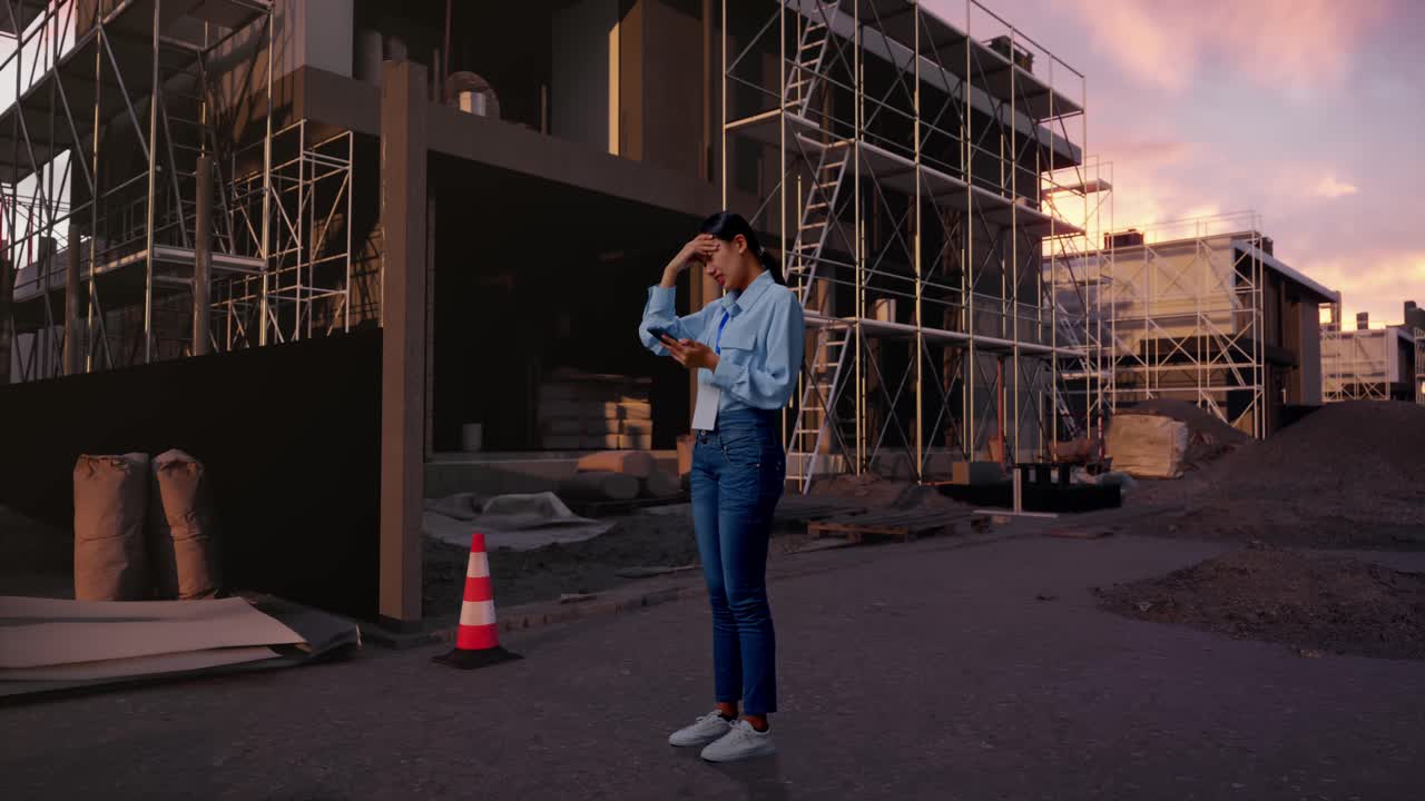 Full Body Side View Of Asian Female With Her Phone At Construction Site in Progress to New House, She Is Nodding Her Shead With Dissapionted