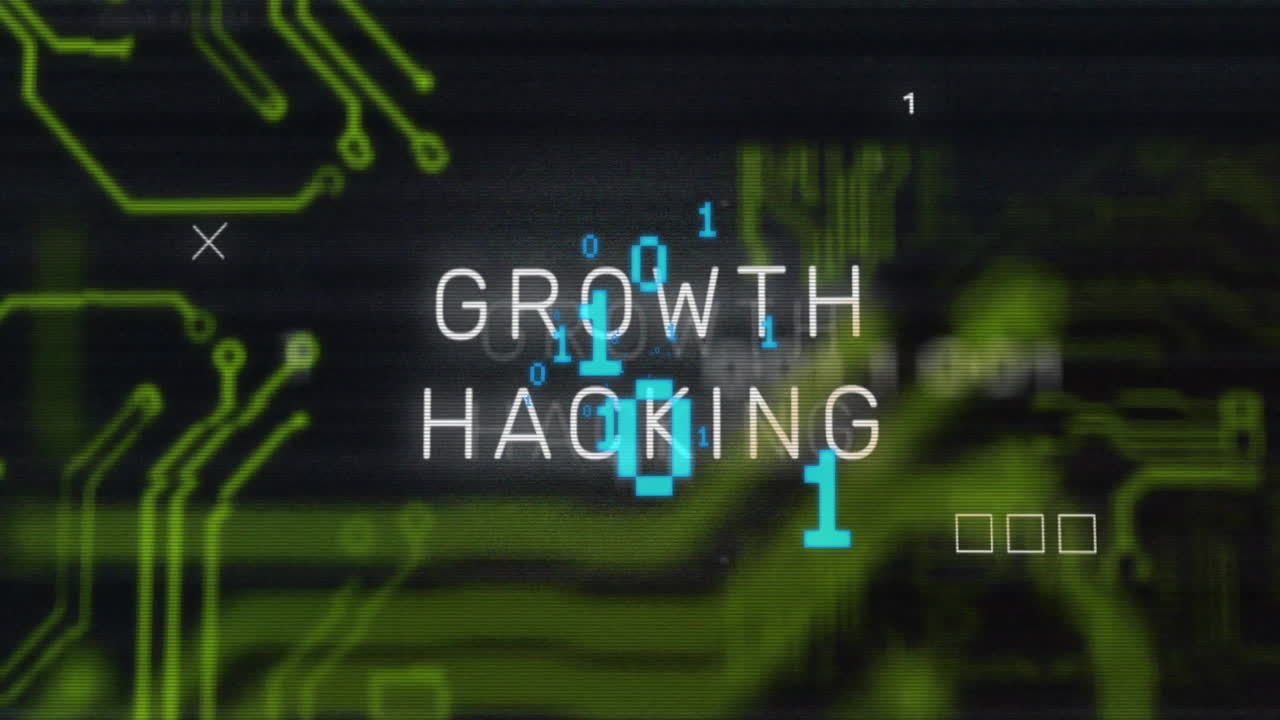 Growth hacking text with digital circuit and binary code animation background
