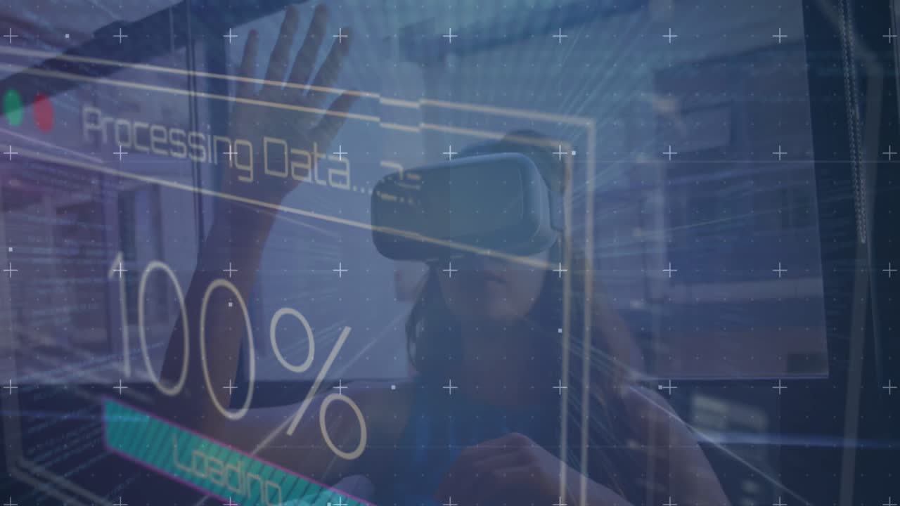 vr 헤드을 사용하는 여성에 대한 데이터 처리의 애니메이션