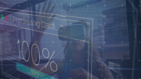vr 헤드을 사용하는 여성에 대한 데이터 처리의 애니메이션