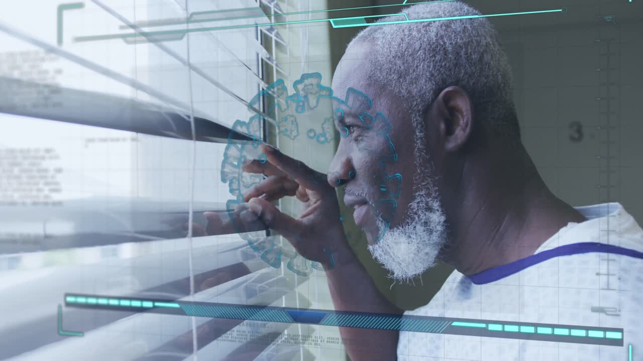 Animation of data processing and virus cell over senior african american man
