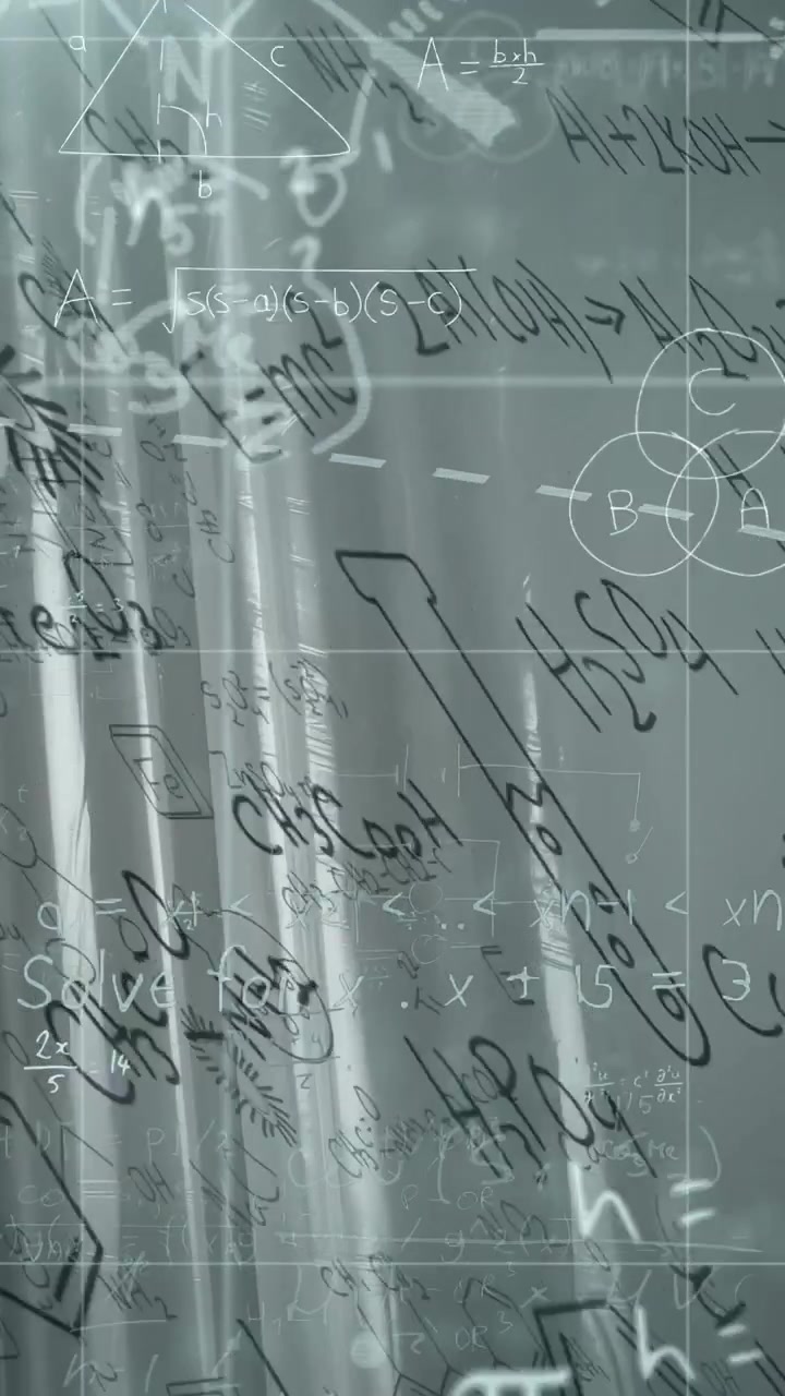 Vertical video: Math overlay drifting down-right, sun shifting, scaling symbols showing pi, abc