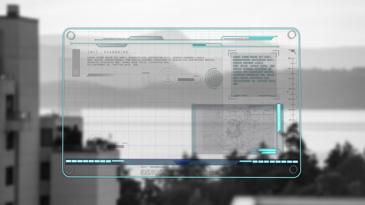 animación de escaneo y análisis de datos futurista sobre el fondo del paisaje urbano