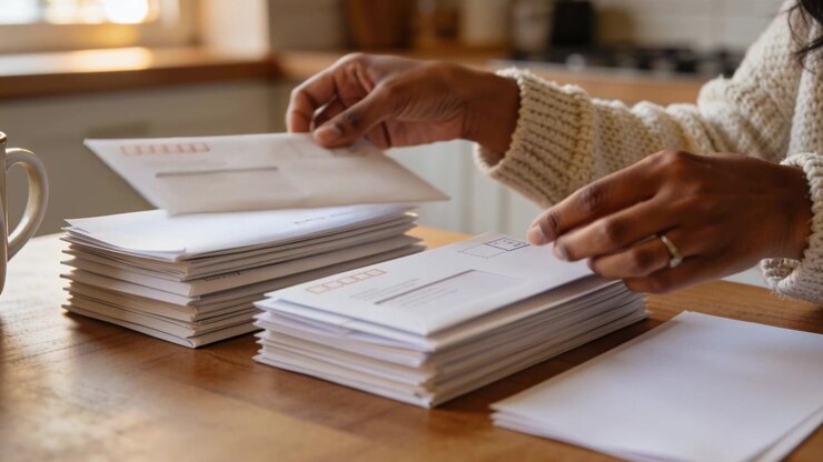 Mani con anelli che indossano un maglione color crema si muovono per organizzare, sollevare e allineare buste su un tavolo di legno
