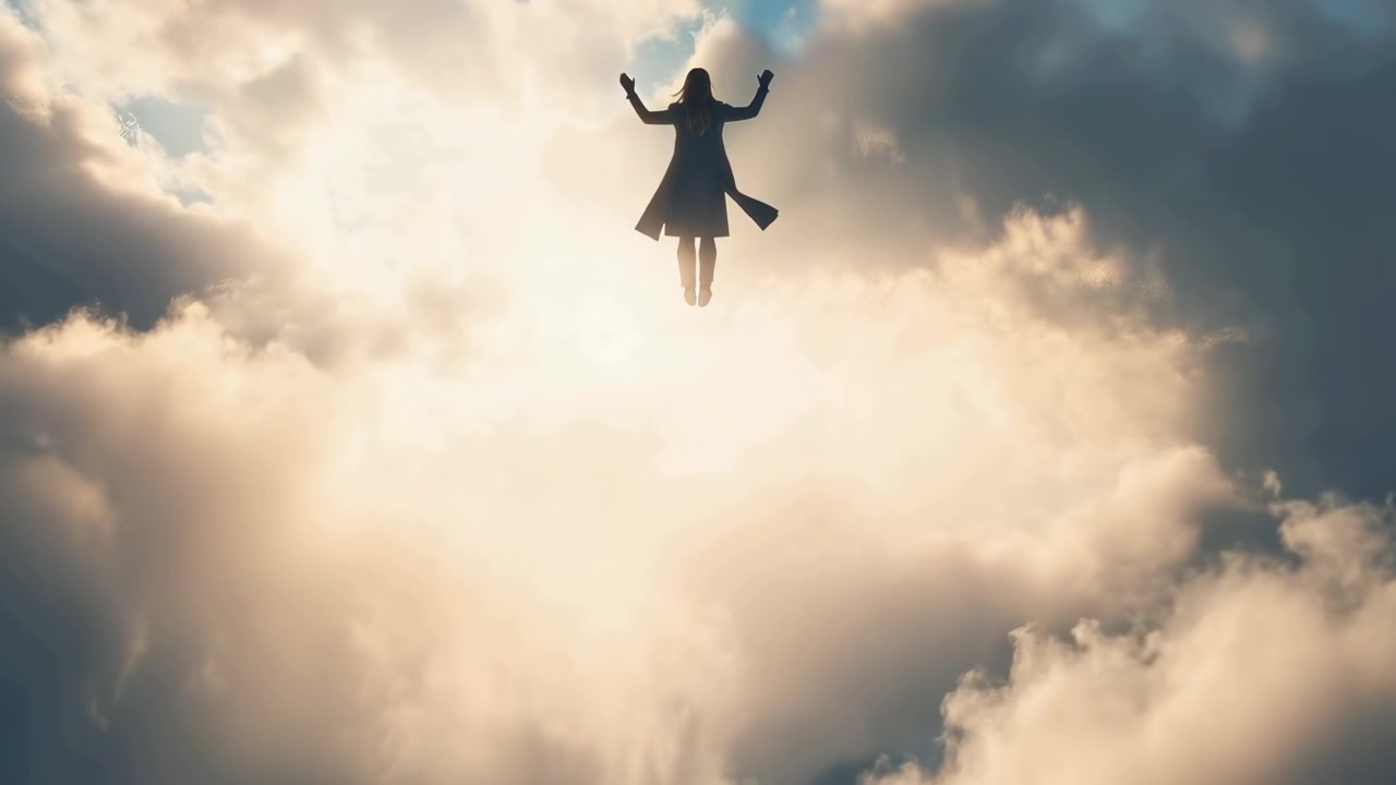 Silhouette di una persona che fluttua verso l'alto tra nuvole luminose