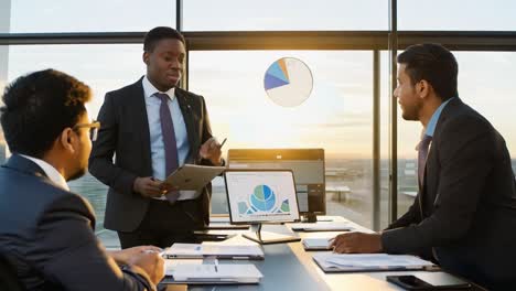 business meeting: team of professionals discussing data and charts