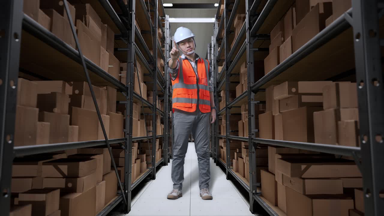 cuerpo lleno de ingeniero masculino asiático con casco de seguridad desaprobando sin señal del dedo índice mientras estaba de pie en el almacén con estantes llenos de mercancías de entrega