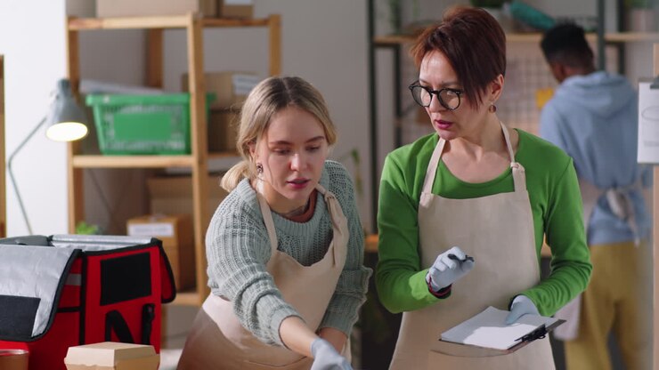 Frauen verpacken Essensbehälter zum Mitnehmen in Liefertasche