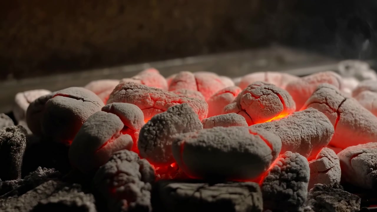 Carboni ardenti che ardono e covano in un ambiente industriale o di officina, con ceneri, da una prospettiva laterale, con accenti rossi e neri e un'atmosfera calda e intensa, con oggetti vicini.