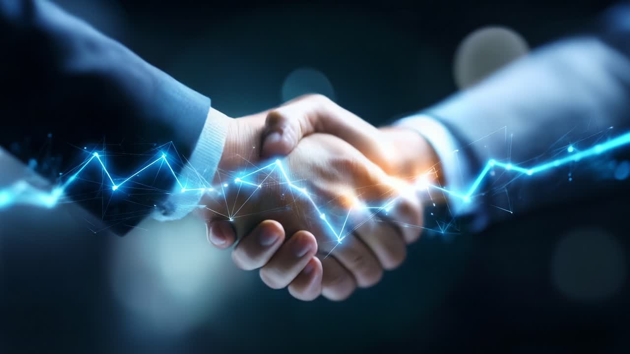 Dynamic Business Engagement: Two Hands Shaking Representing Partnerships and Progress Amidst Futuristic Digital Wave Graphics Signifying Growth and Collaboration in the Corporate World