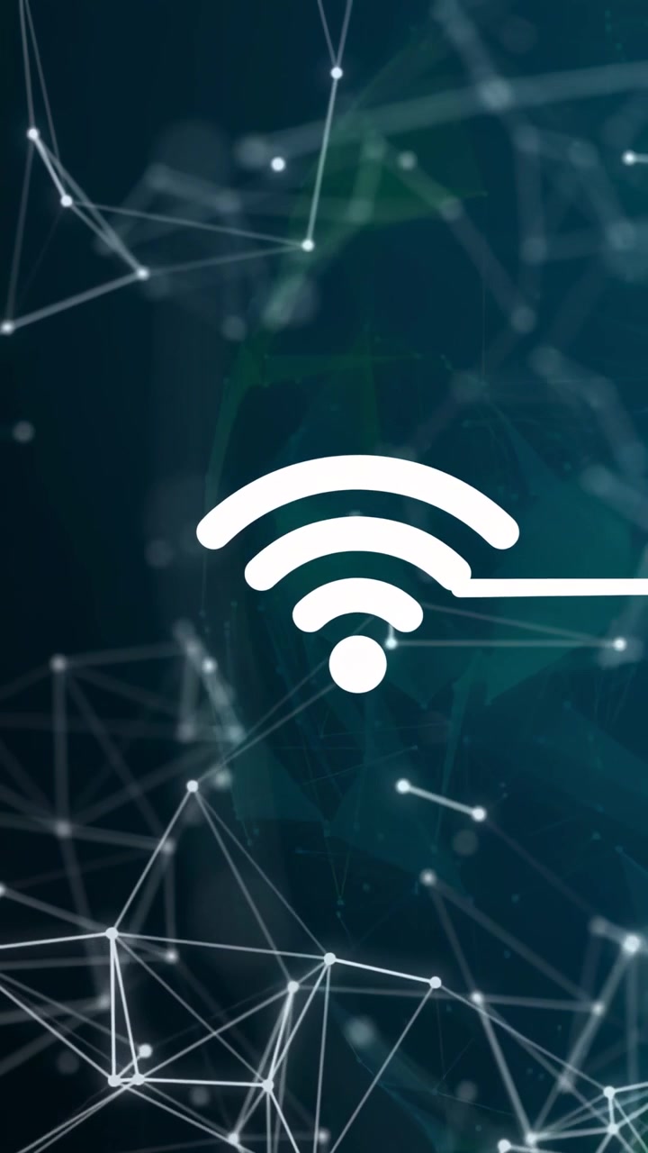 Wi-Fi-ikon forbliver stabilt, mens linjer stiger op fra hjørnet, og noder bevæger sig mod det for at vise netværk.