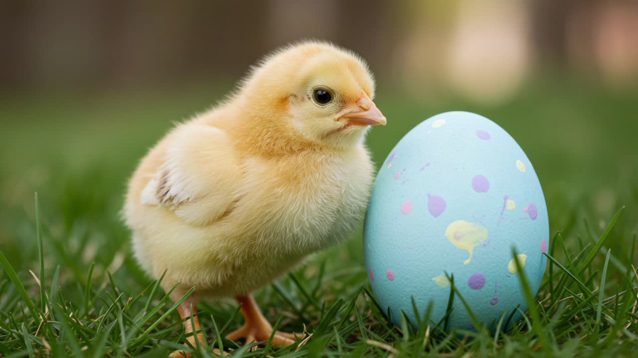 A Charming Yellow Chick Nestled Next to a Colorfully Decorated Easter Egg in a Green Grass Setting, Symbolizing New Beginnings and Festive Celebrations