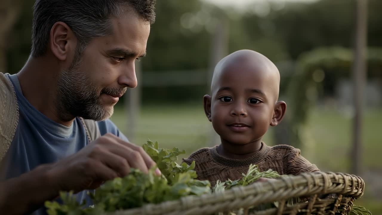 Leaning blue-shirt man sorting greens from basket in garden, brown sweater child watching smiling