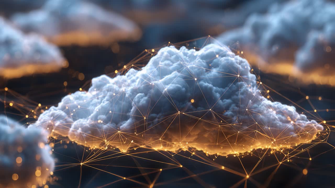 An Enigmatic Display of Digital Clouds Illuminated by Radiant Connections, Showcasing a Mesmerizing Fusion of Nature and Technology in a Captivating Visual Experience
