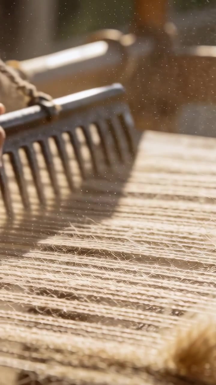 Vertical video: Pulling artisan hand aligning straw fibers on loom with metal comb for weaving