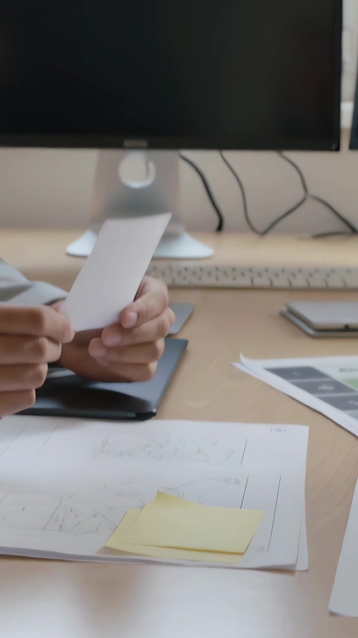 Video verticale: Individuazione di uno schizzo, designer in camicia che solleva un cartoncino, allineando post-it sulla scrivania