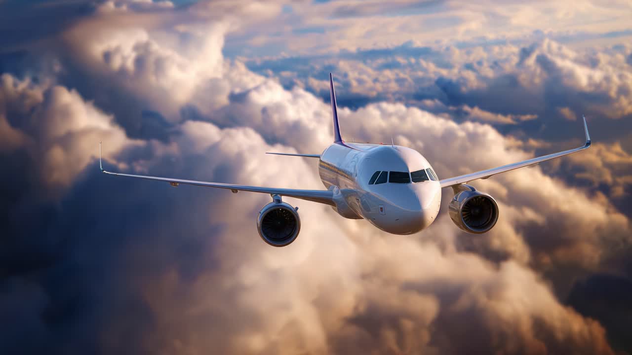 Uma aeronave majestosa voando pelas nuvens ao pôr do sol, exibindo sua elegância e potência no vasto céu, um símbolo da aviação e das viagens modernas