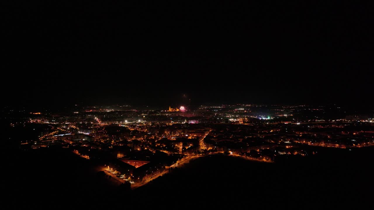 Aerial views of Lleida city fireworks