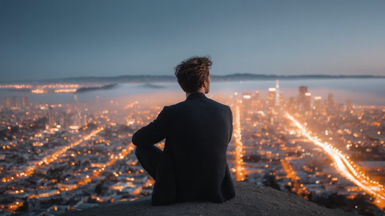 A Solitary Figure Gazes Over a Sparkling Urban Landscape at Dusk, Capturing the Tranquility of a City Bathed in Soft Glow and Fog