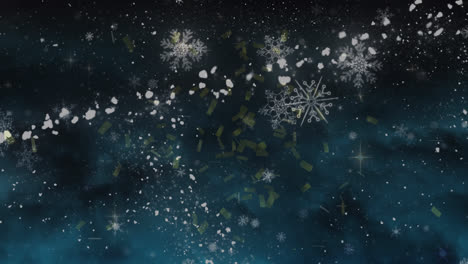 animation of confetti and snowflakes over black background