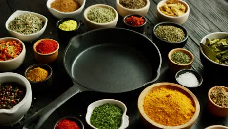 bowls with spices and pan