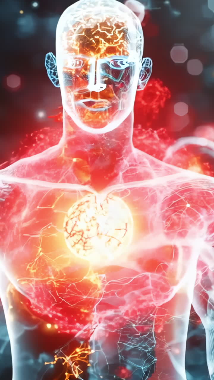 A man's skeleton is surrounded by red and blue spheres. The man's head is surrounded by a blue sphere