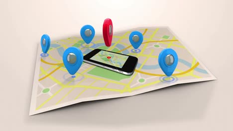 red marker pointing on a mobile lying on a map surrounded by blue markers