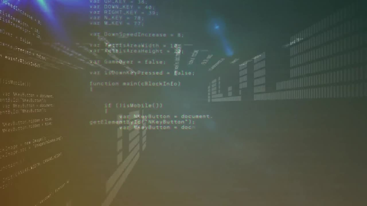 Animation of data processing against blue light spots on grey background