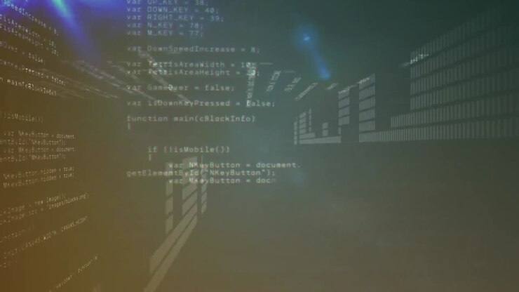 Animation af databehandling mod blå lyspletter på grå baggrund