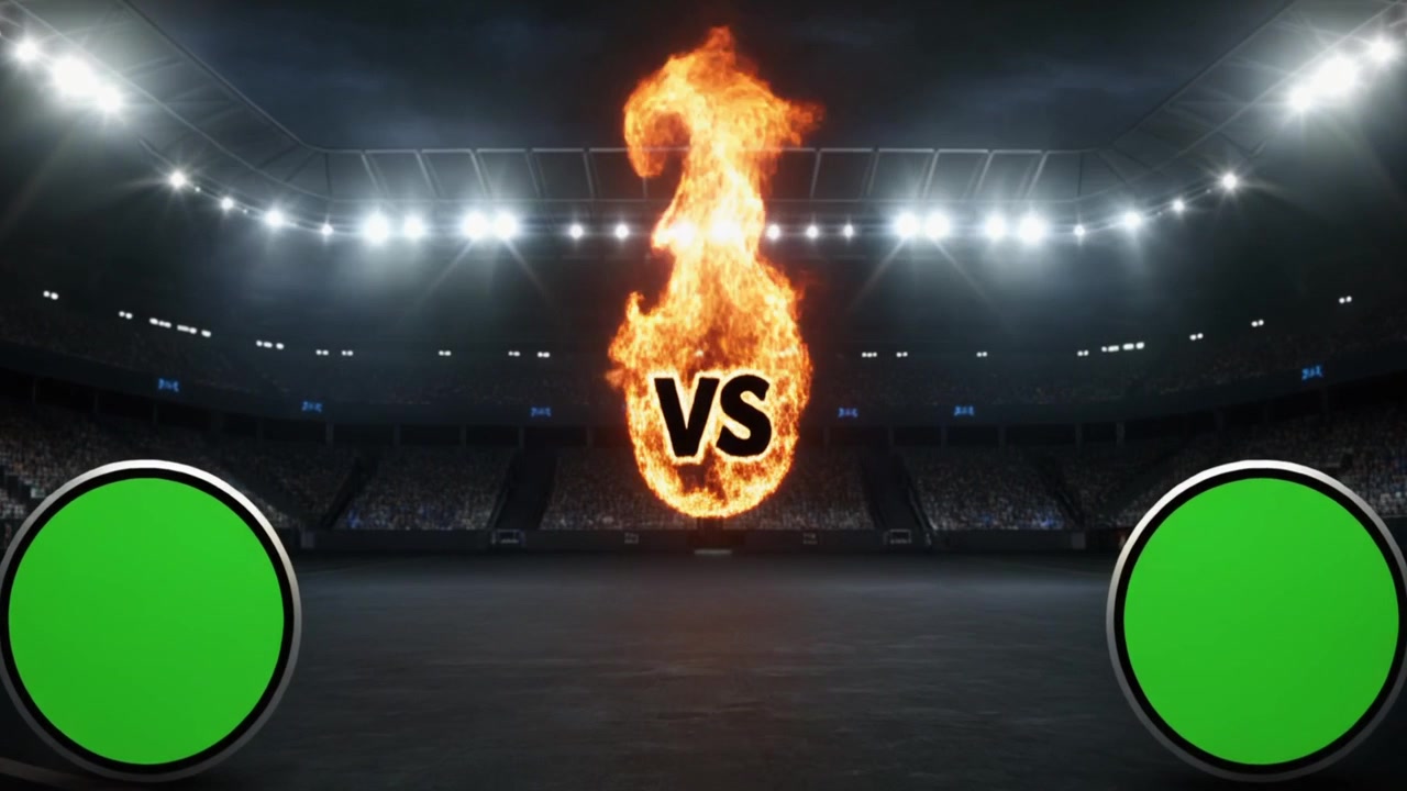 Versus-näyttö liekehtivällä tekstillä urheilustadionilla