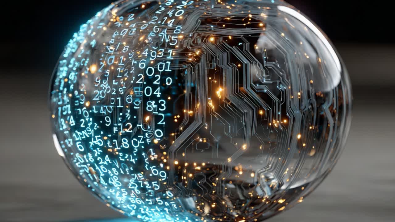 Glowing blue digital numbers and data streams flowing over a crystal ball containing a complex electronic circuit board, illustrating concepts of big data, AI, and information technology