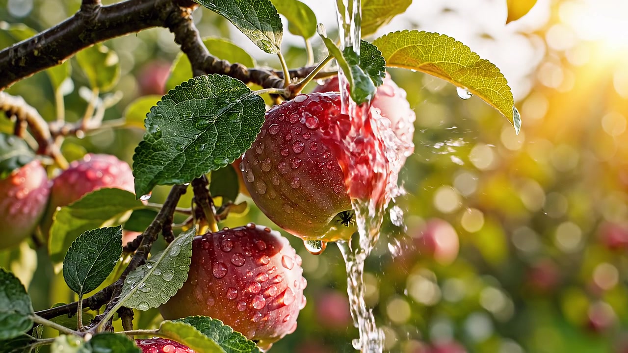 Mele rosse fresche con goccioline d'acqua in un meleto soleggiato