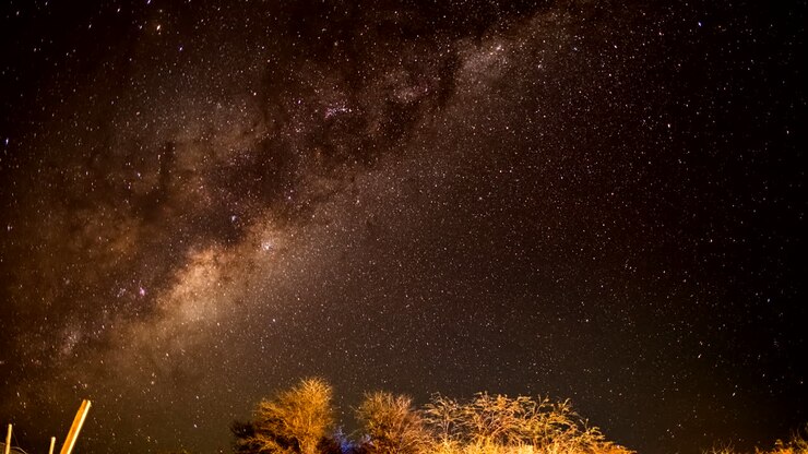 Timelapse made of the Milky Way moving above some lighted trees at night in Chili South America with falling stars across the video rotating